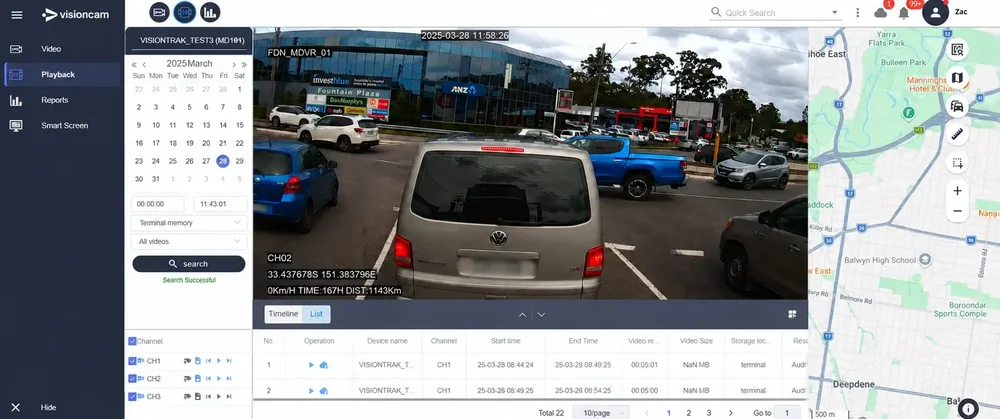 VisionTrak AI Dashcam incident replay - live platform screenshot showing GPS playback, multi-channel footage, and incident timeline