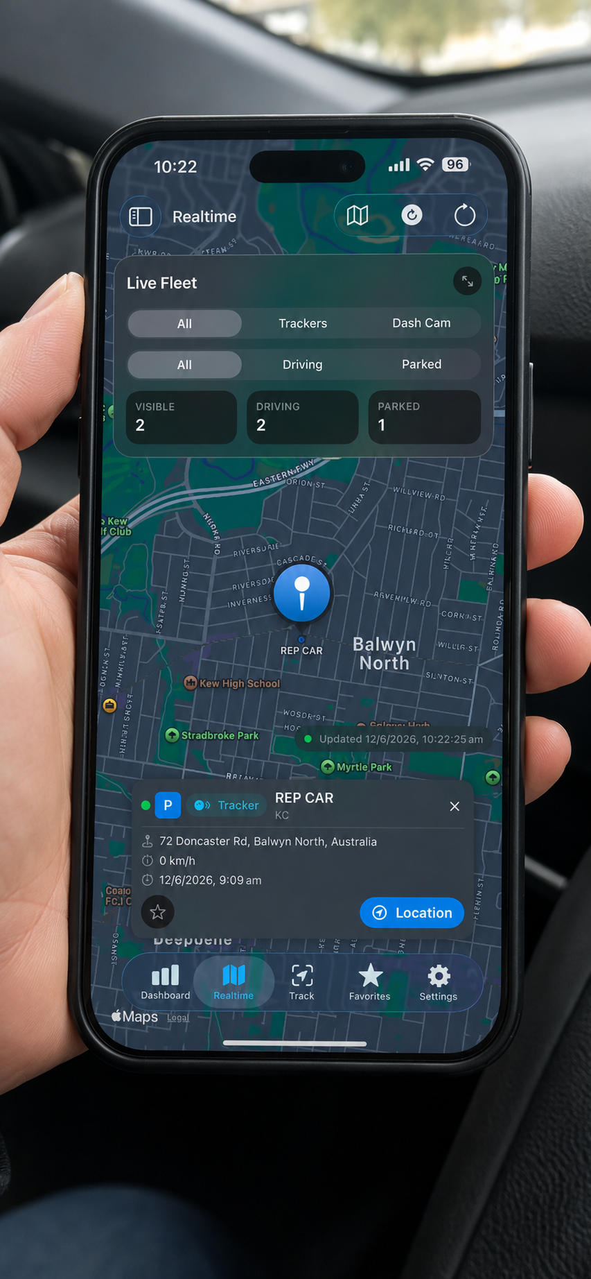 VisionTrak mobile app showing live fleet tracking