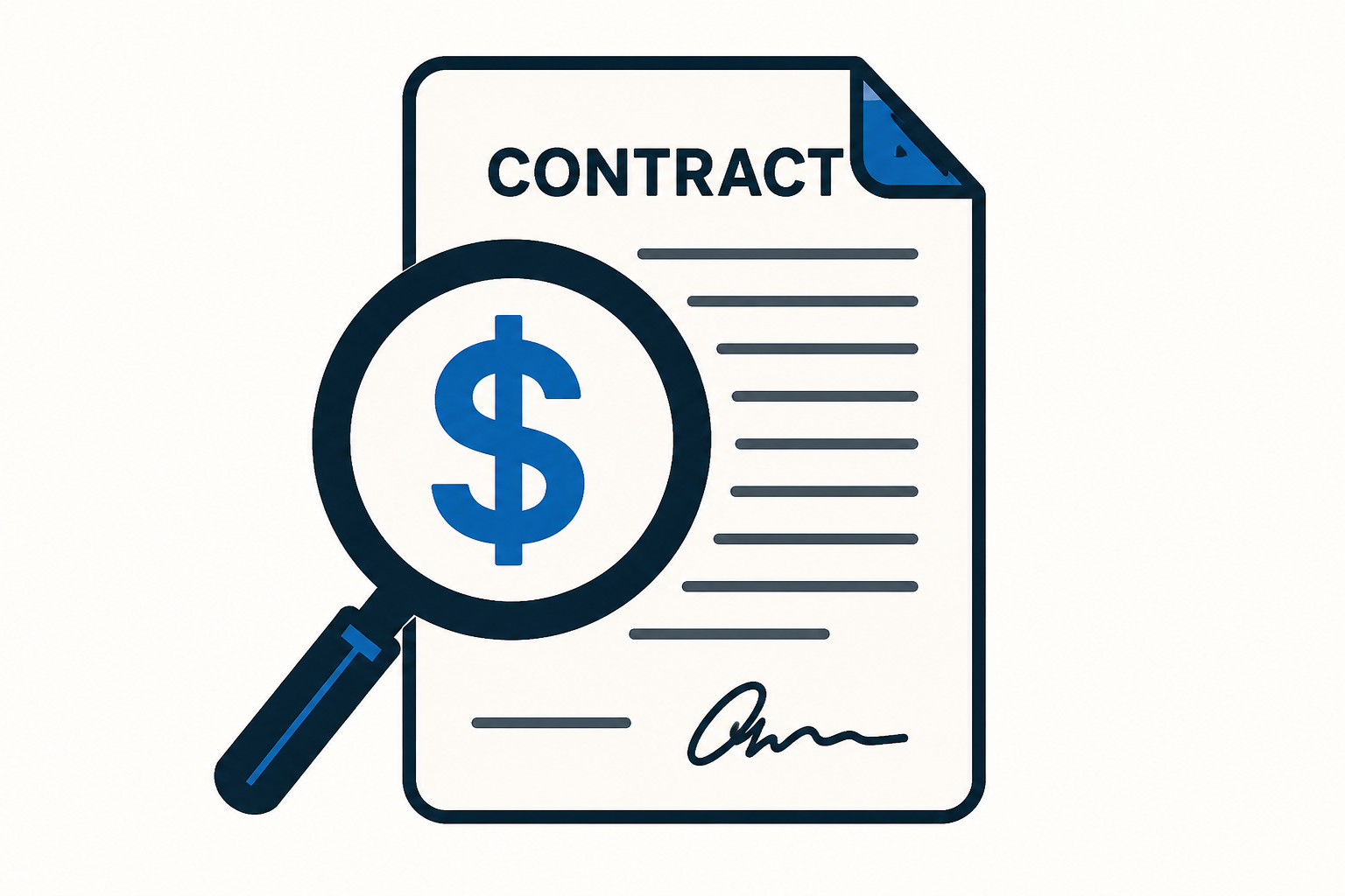 Magnifying glass over dollar sign icon on a contract document