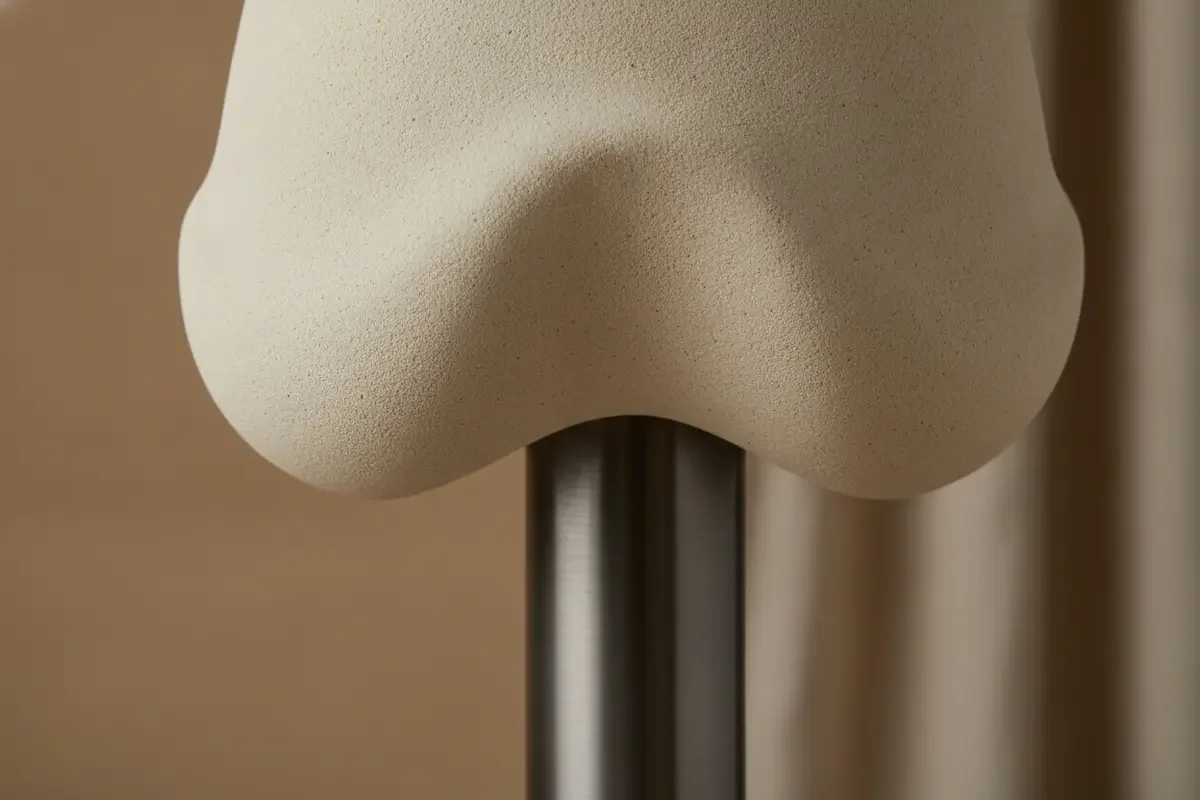 Close view of a sculptural table lamp showing the junction between its shade and steel structure