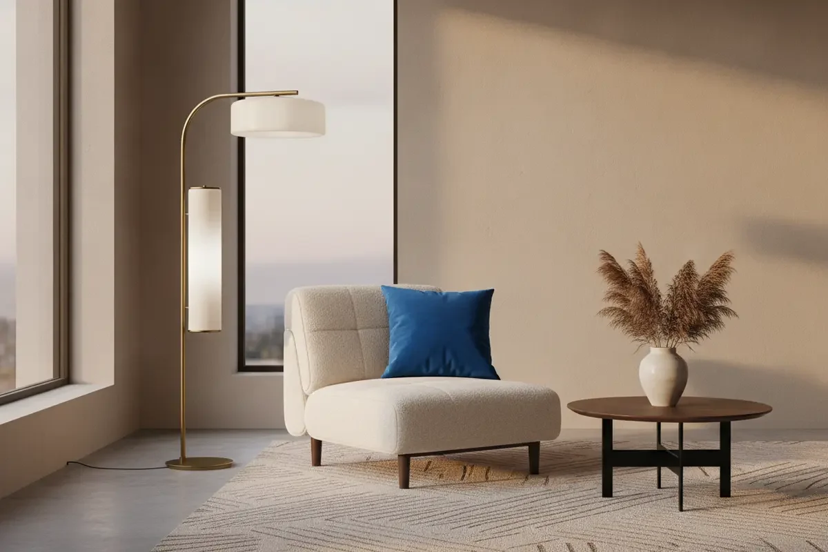 A sculptural floor lamp creating a colorful focal point beside a lounge chair