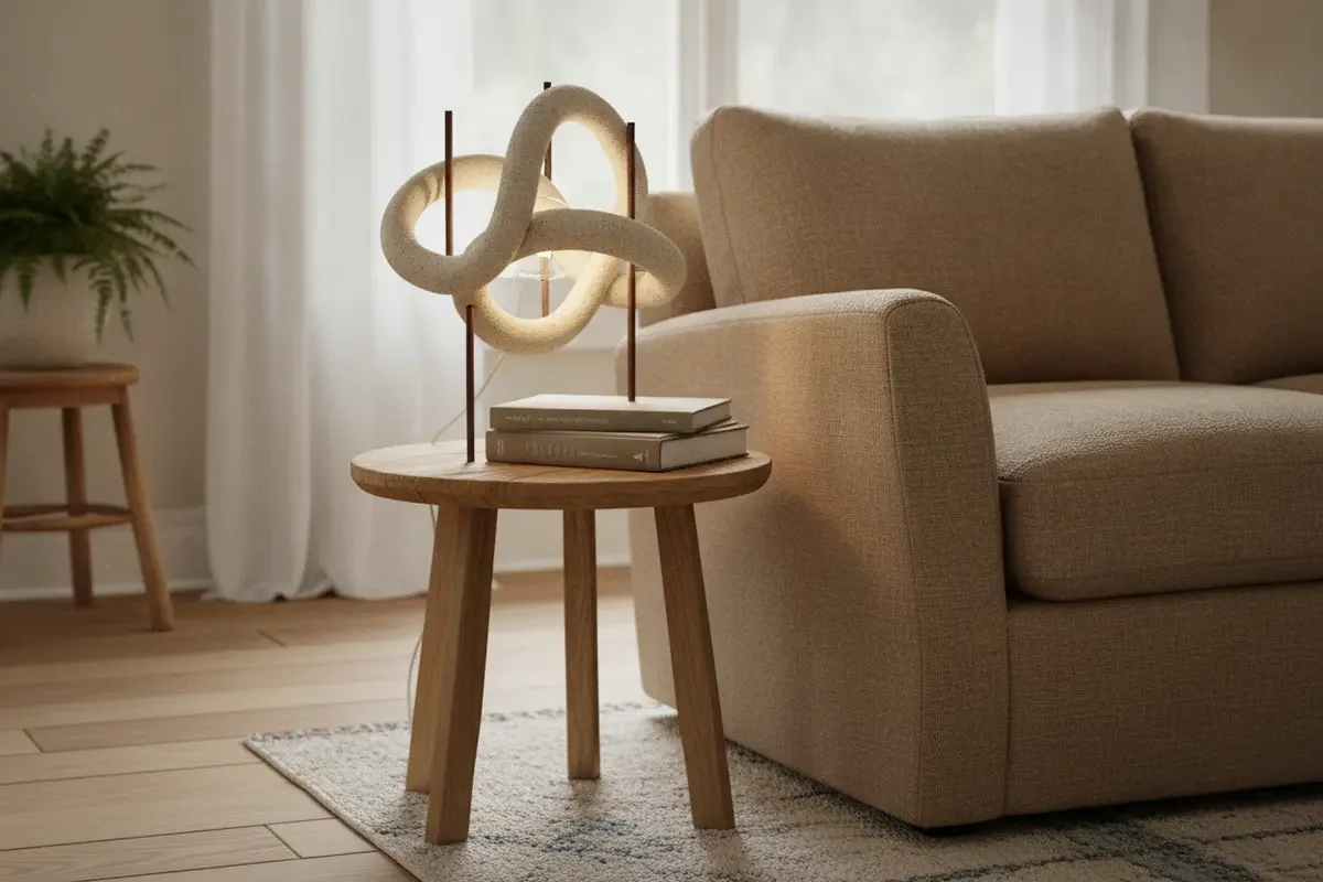 A colorful sculptural table lamp shown beside books and a small side table for scale