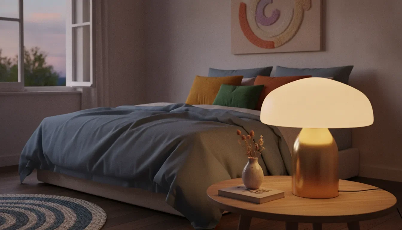 Sculptural mushroom lamp creating a soft bedroom glow