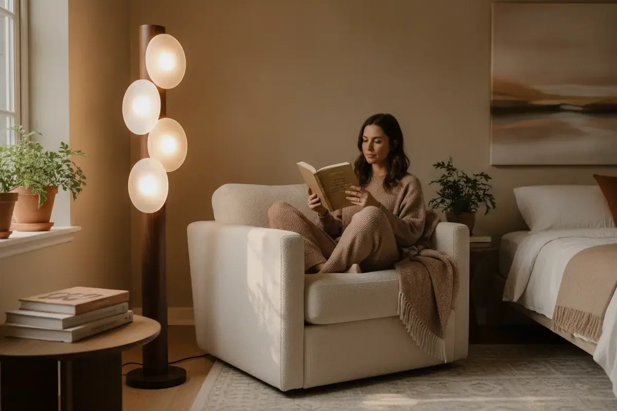 Reader seated in a chair beside a floor lamp with light directed toward a book