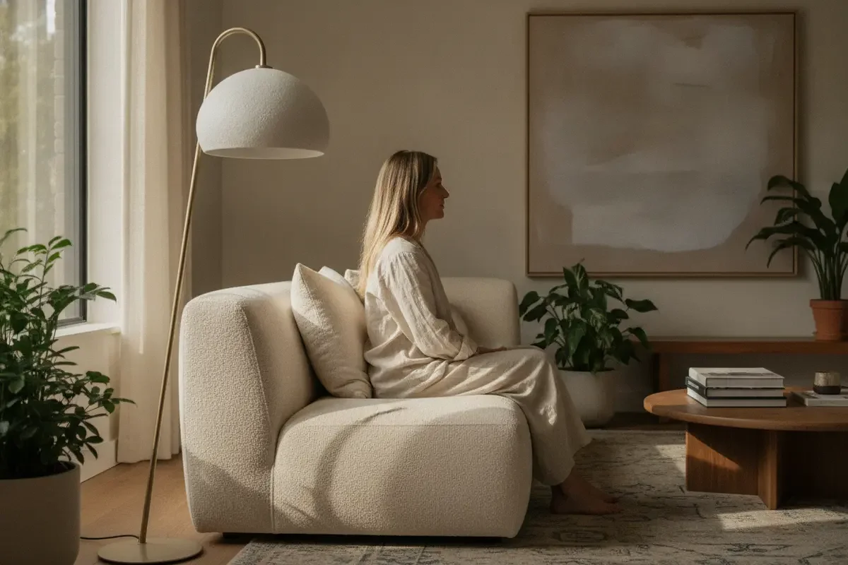 Floor lamp shade positioned beside a sofa for a seated eye-line check
