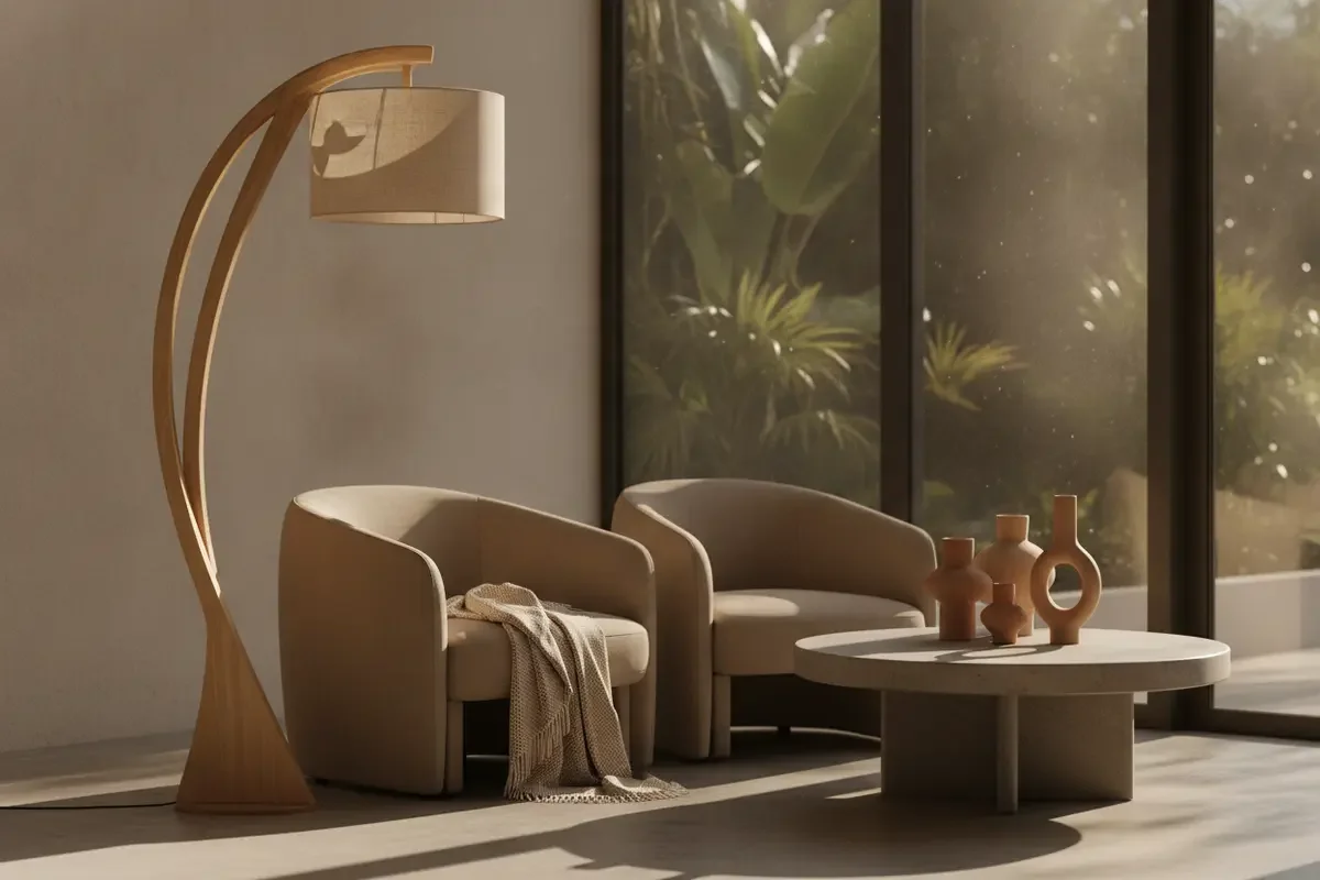 Full silhouette of a sculptural contemporary floor lamp beside simple seating