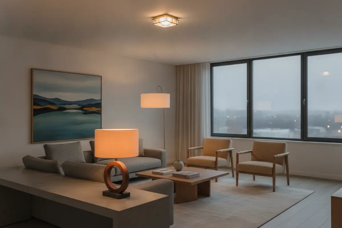 A floor lamp placed beside living-room seating to show its scale against the furniture
