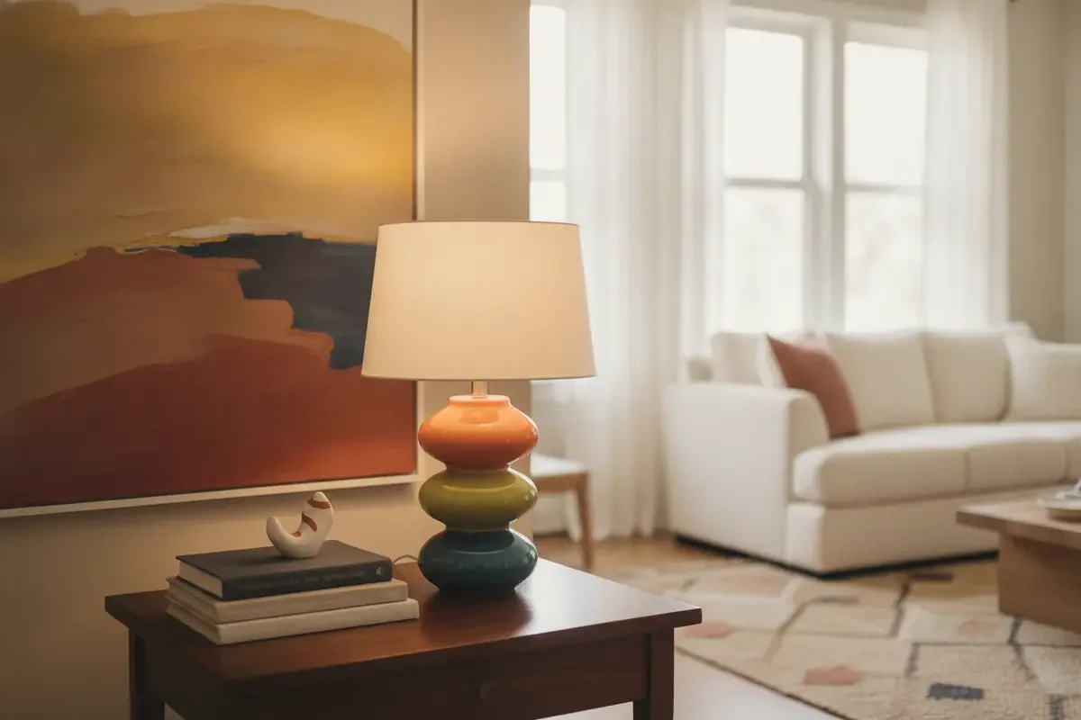 A colorful sculptural table lamp styled with restrained books and art in a contemporary interior