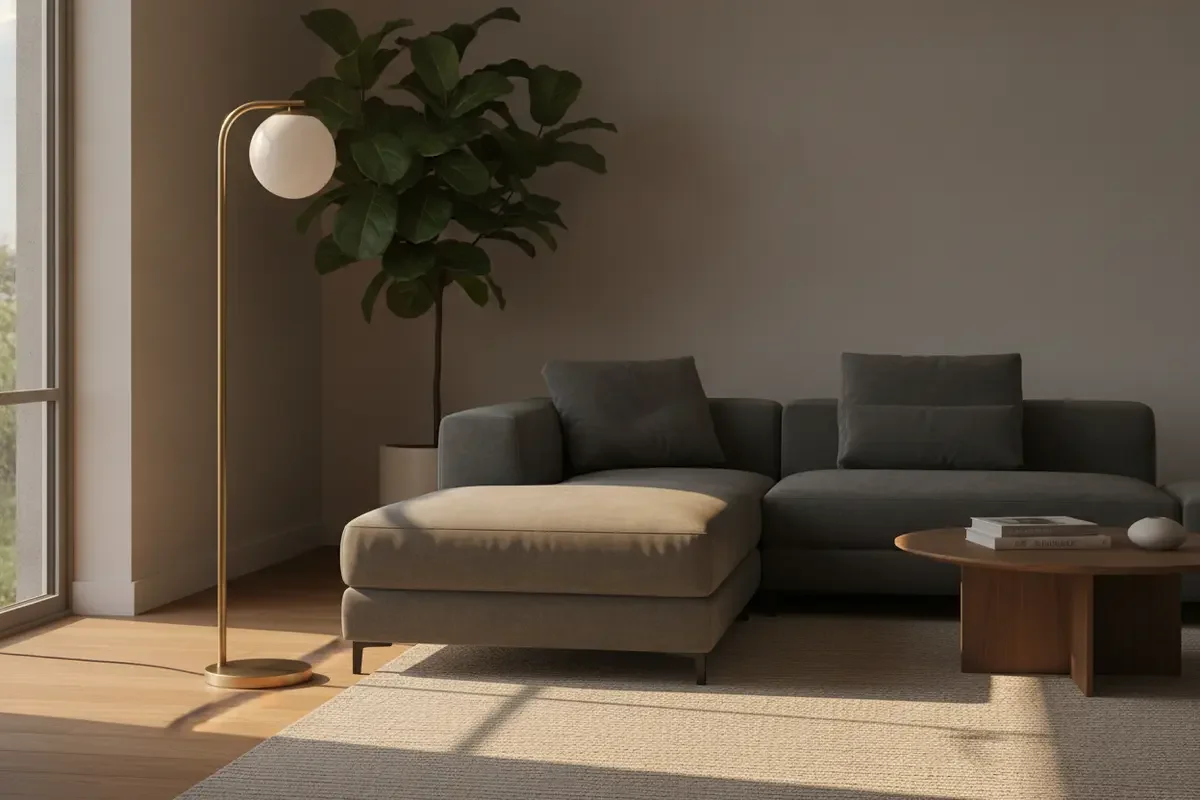 A floor lamp positioned beside seating with a clear walking path and room for the shade