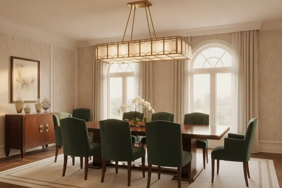 Geometric Art Deco-inspired ceiling light scaled to a dining table and room height