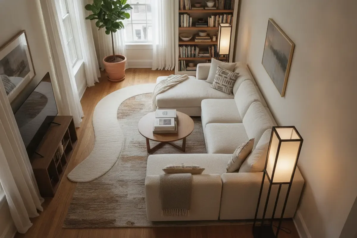 A floor lamp positioned beside a seating area while leaving a clear route through a narrow living room
