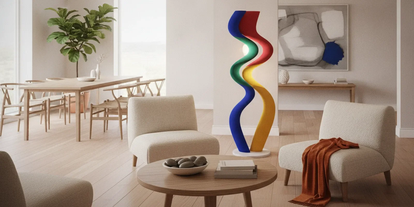 Sculptural floor lamp marking a cozy seating zone in an open concept living space