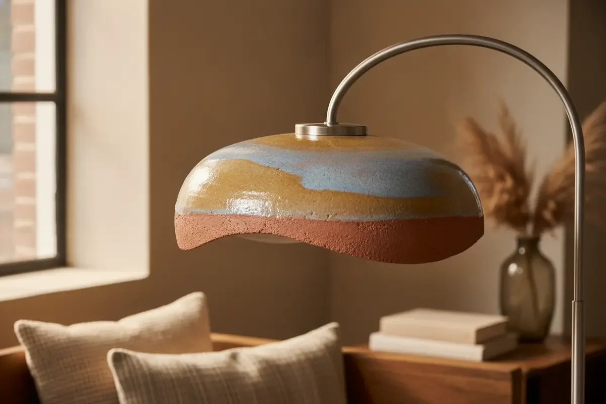Close view of a colorful ceramic shade and steel lamp details in a thoughtfully styled home