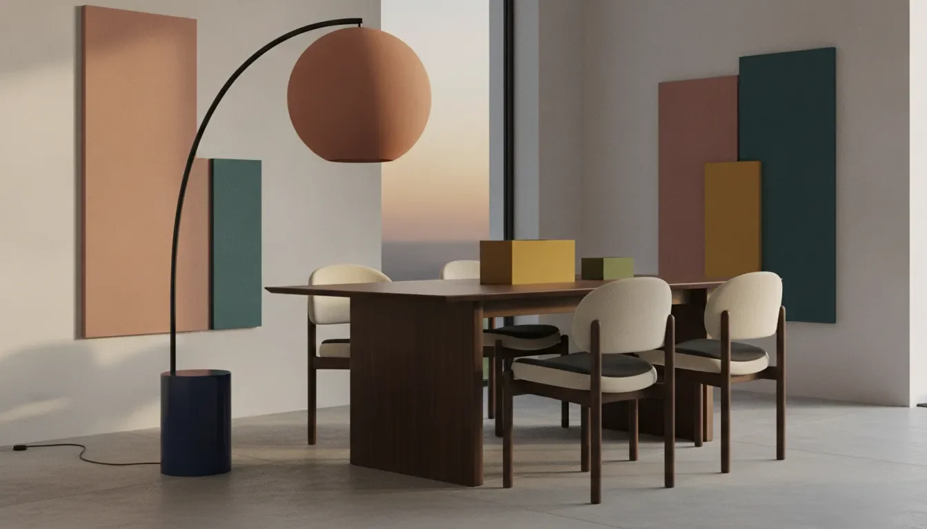 Sculptural floor lamp with a rounded ceramic shade beside a dining table