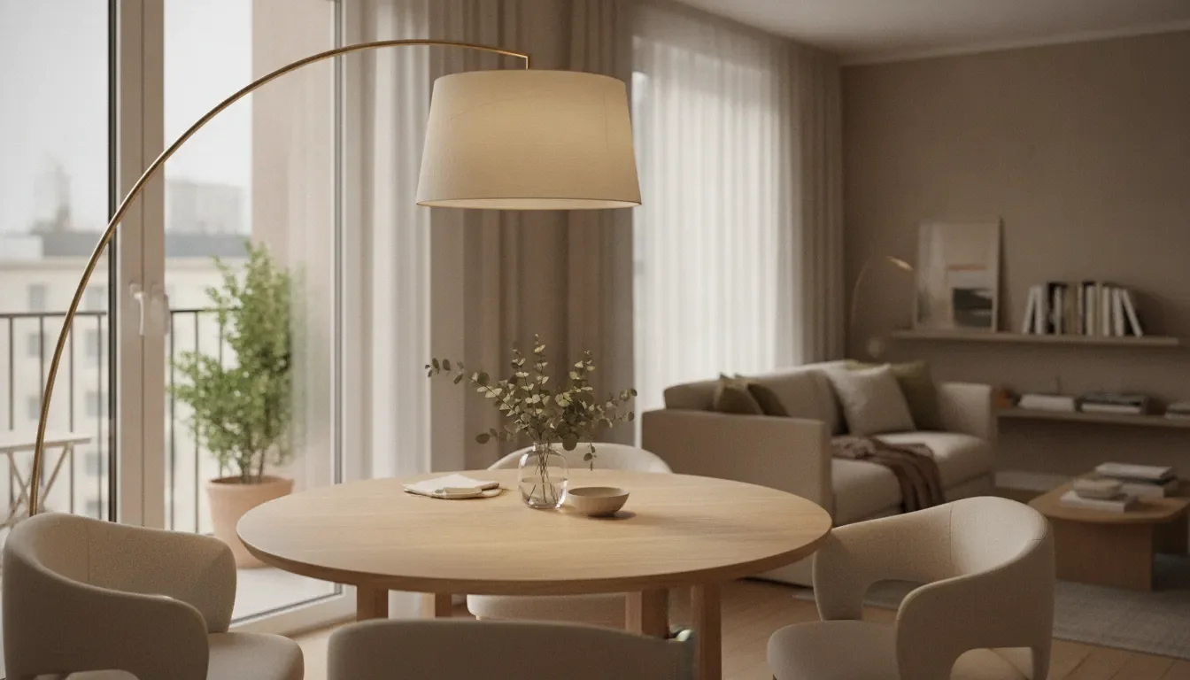 Arched floor lamp casting a warm pool of light across a dining table
