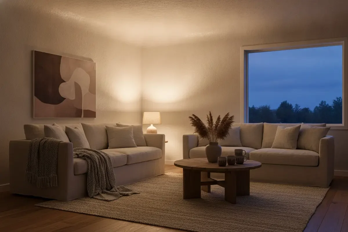 Soft uplight spreading from a floor lamp across a pale living room ceiling