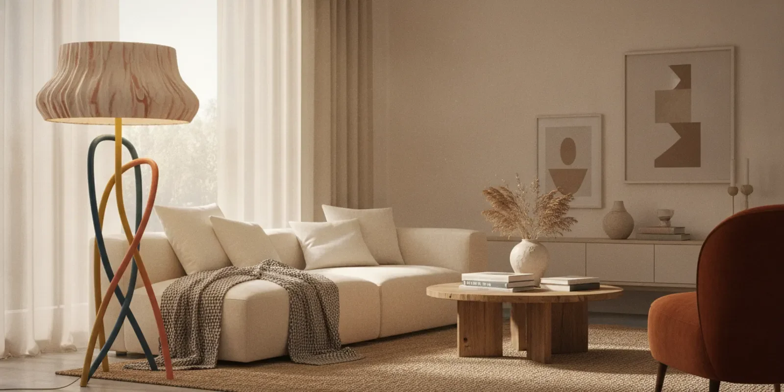 Sculptural floor lamp illuminating a reading corner as part of a layered room scheme