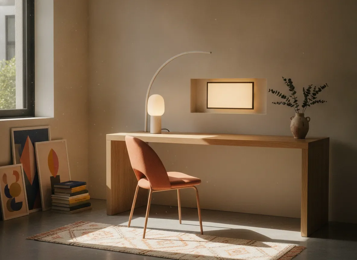 Home office table lamp balanced on a desk