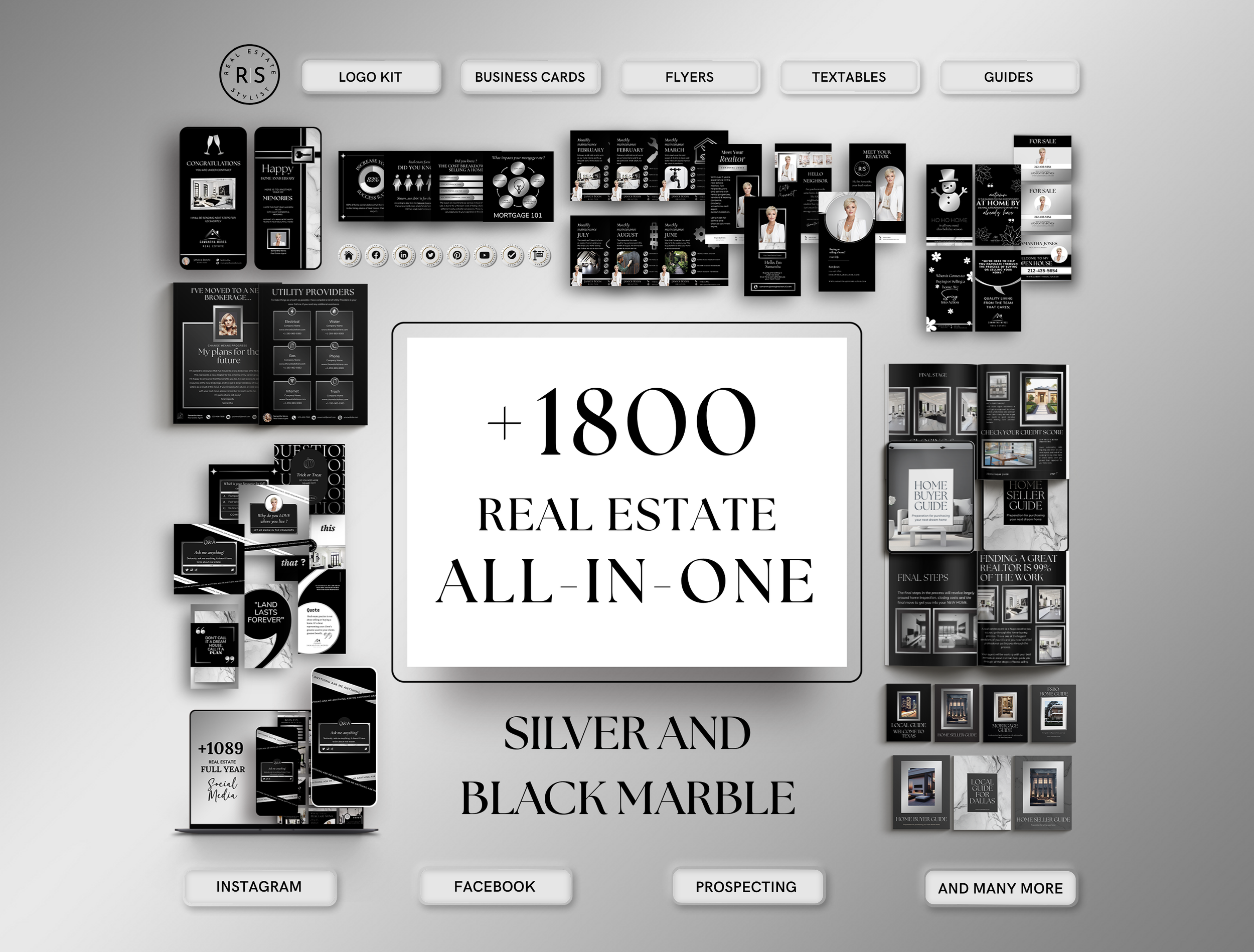 +1800 ALL-IN-ONE Real Estate Marketing Bundle - Silver and Black Marble The Uma Collection