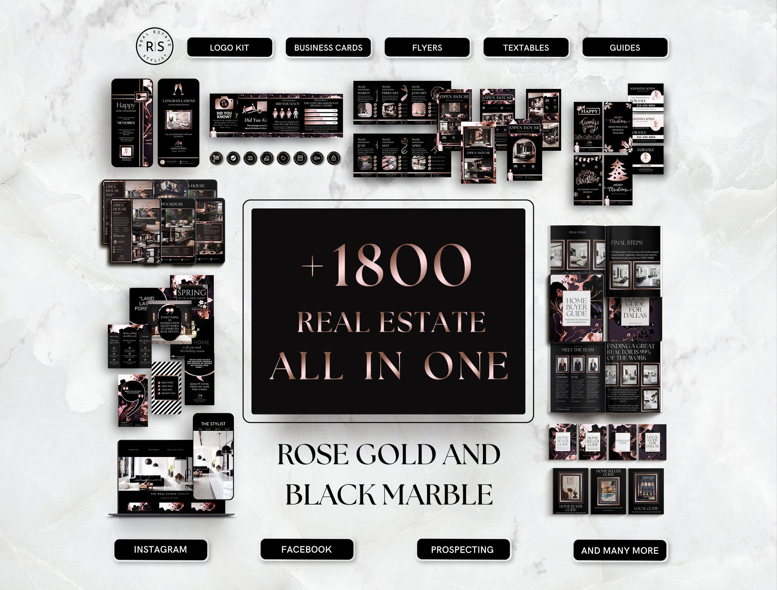 +1800 ALL-IN-ONE Real Estate Marketing Bundle - Rose gold and Black Marble -The Uma Collection