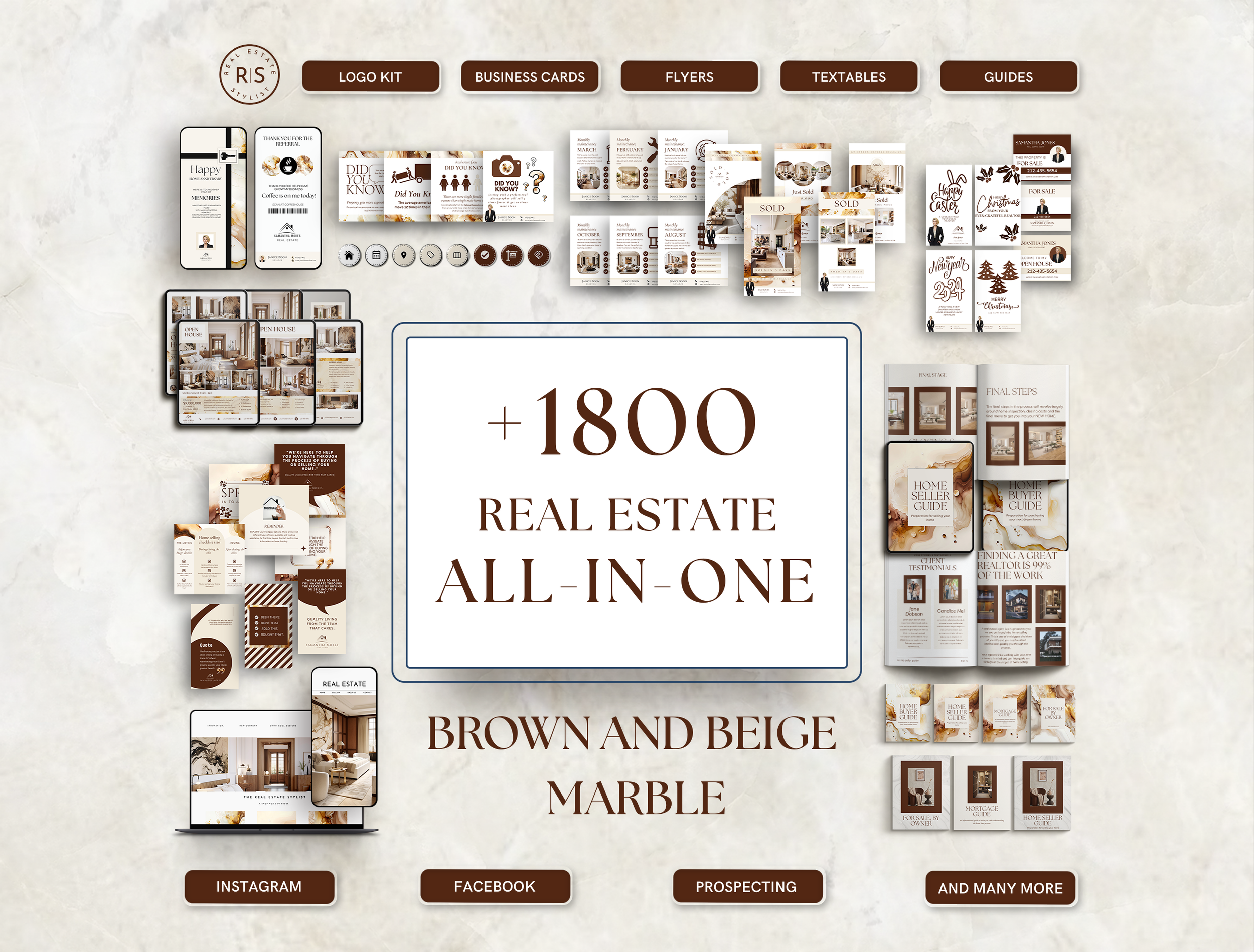 +1800 ALL-IN-ONE Real Estate Marketing Bundle -Brown and Beige Marble - The Uma Collection