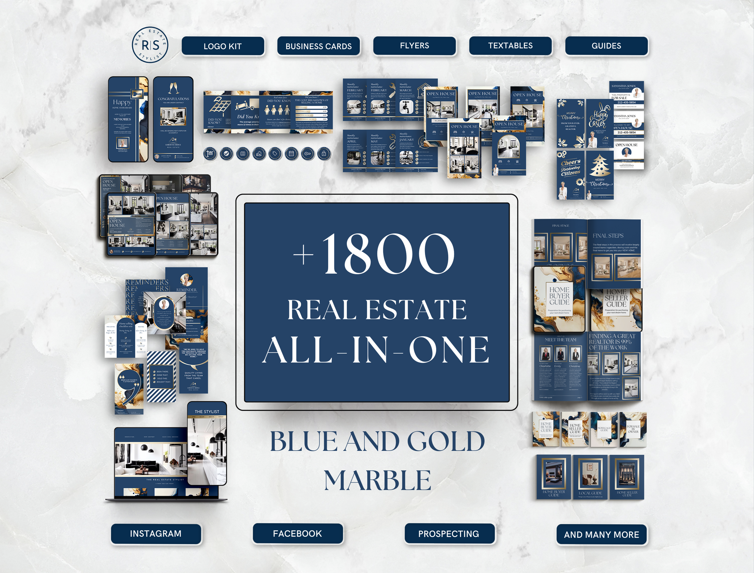 +1800 ALL-IN-ONE Real Estate Marketing Bundle - Blue and Gold Marble -The Uma Collection