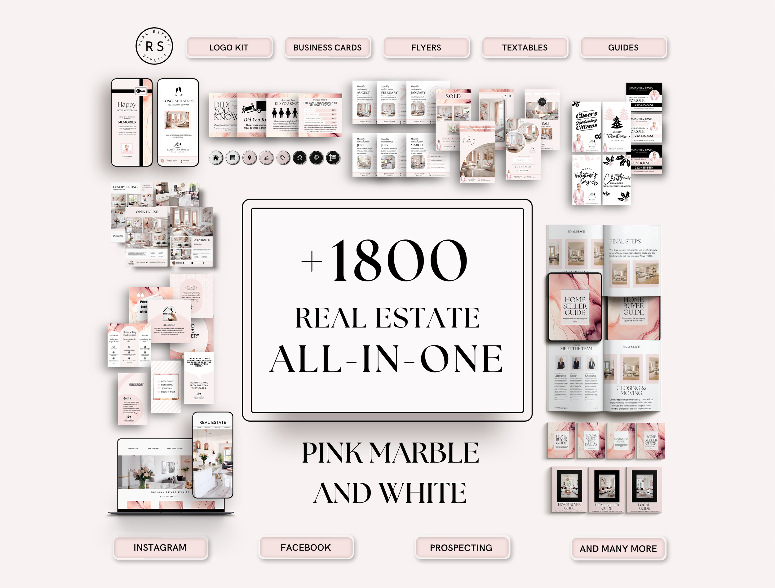 +1800 ALL-IN-ONE Real Estate Marketing Bundle - Pink Marble - The Uma Collection