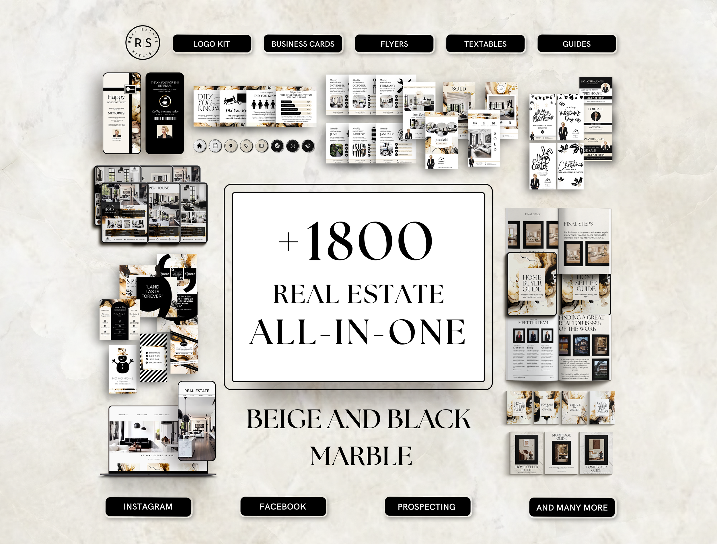 +1800 ALL-IN-ONE Real Estate Marketing Bundle - Beige and Black  Marble- The Uma Collection