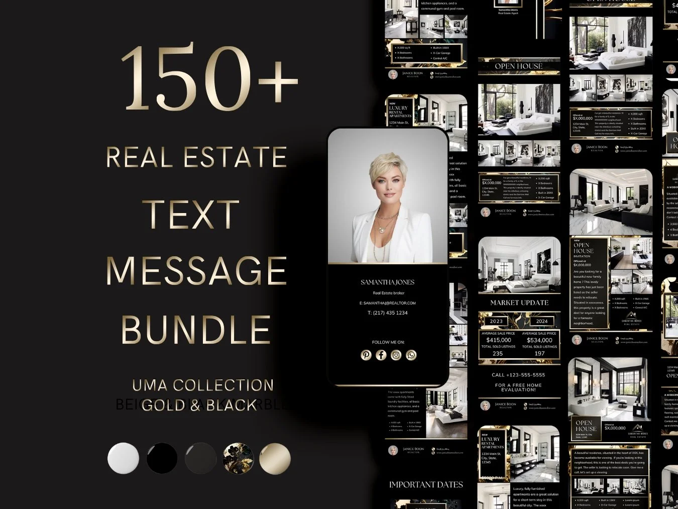 +150 Text Message Bundle - Gold and Black Marble - The Uma Collection