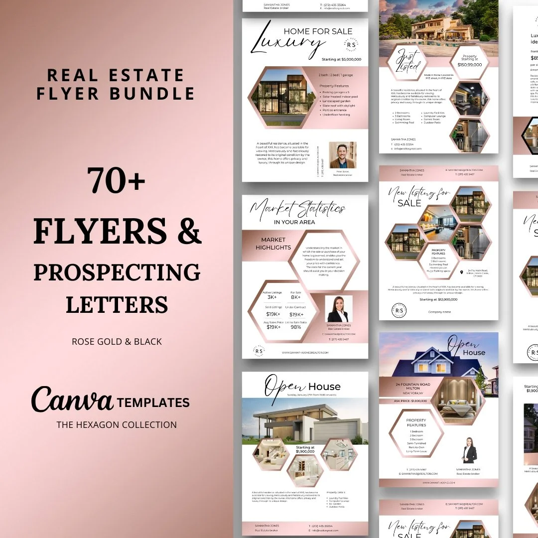 +70 Flyer Bundle with text messages - Rose Gold and White - Hexagon Collection