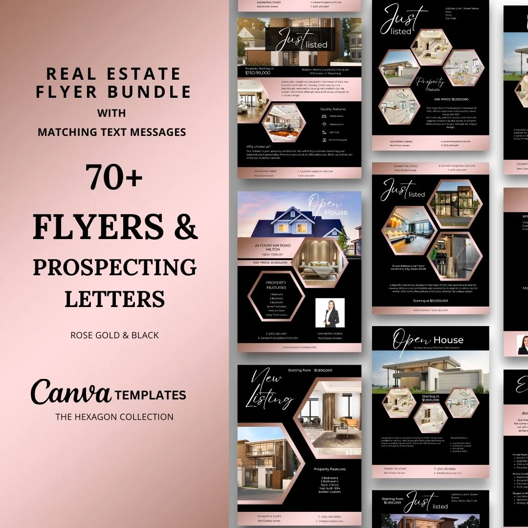 +70 Flyer Bundle with text messages - Rose Gold and Black - Hexagon Collection