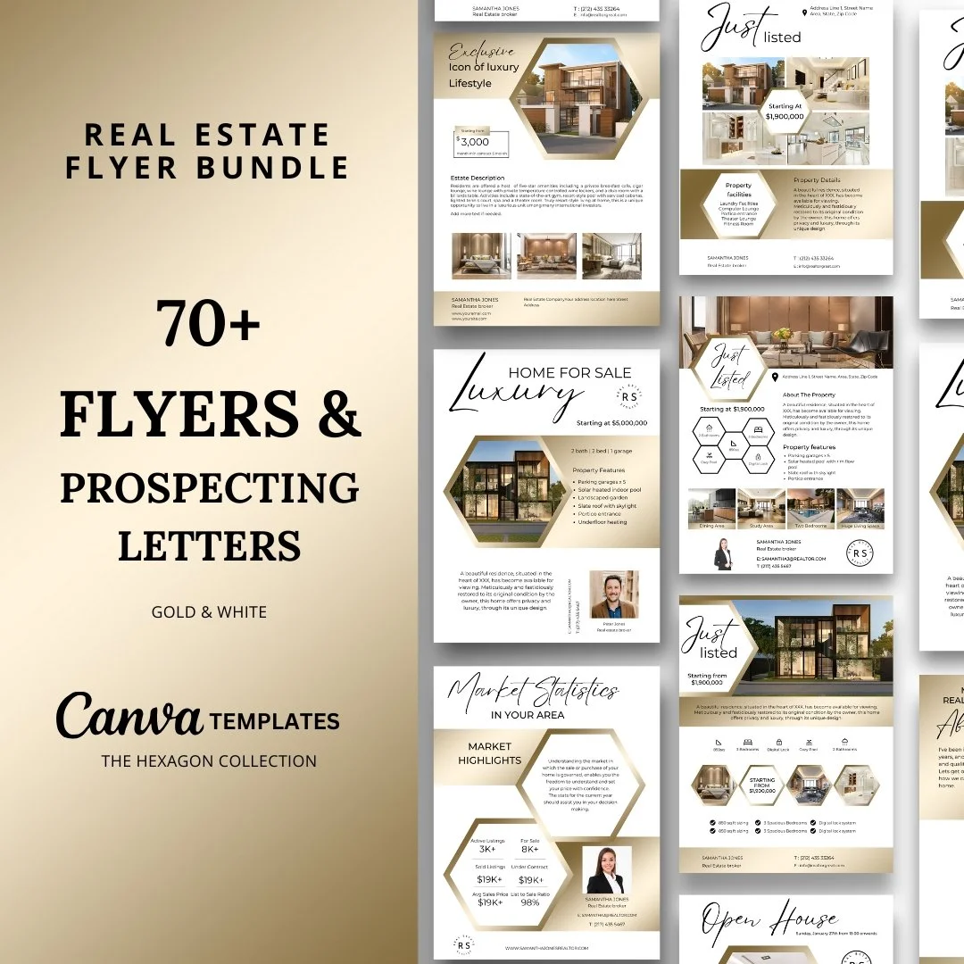 +70 Flyer Bundle with text messages - Gold and White - Hexagon Collection