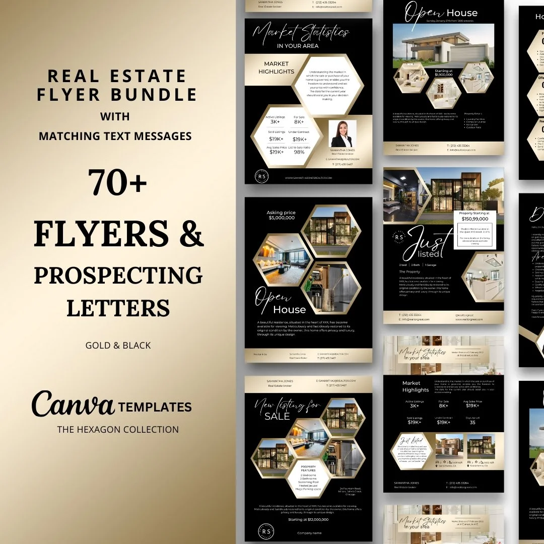 +70 Flyer Bundle with text messages - Gold and Black - Hexagon Collection