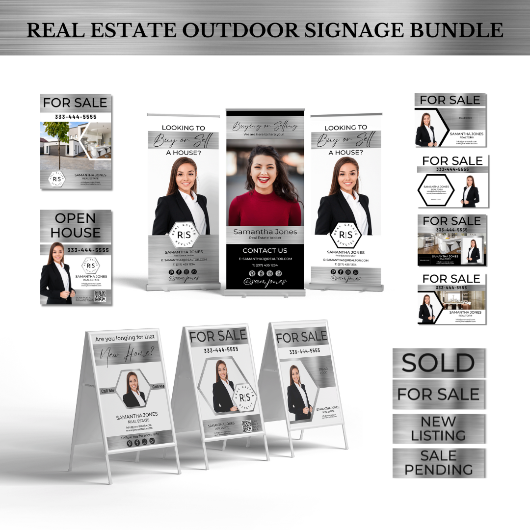 80 Real Estate Signage Templates - Metallic Silver and White - The Hexagon Collection