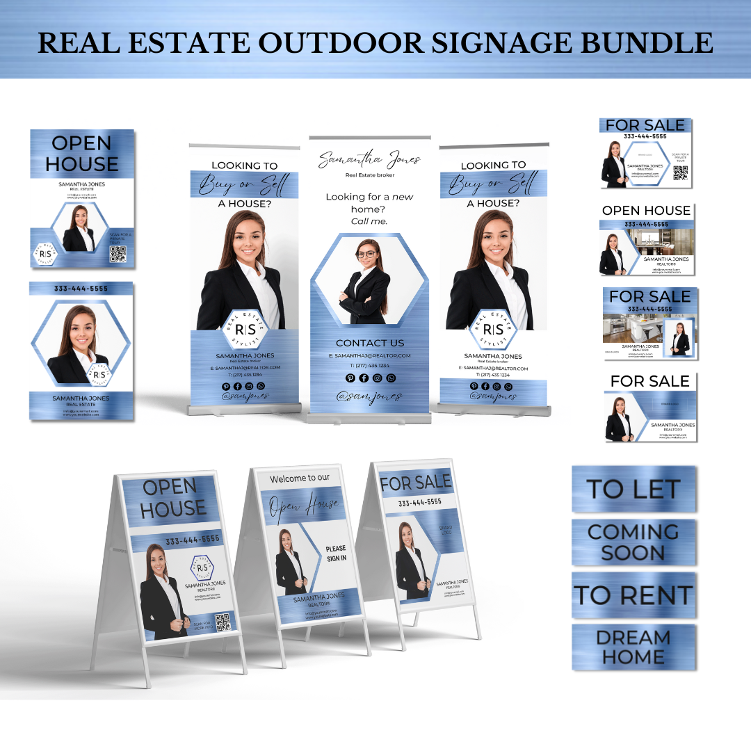 +80 Real Estate Signage Templates - Metallic Light Blue and White - The Hexagon Collection