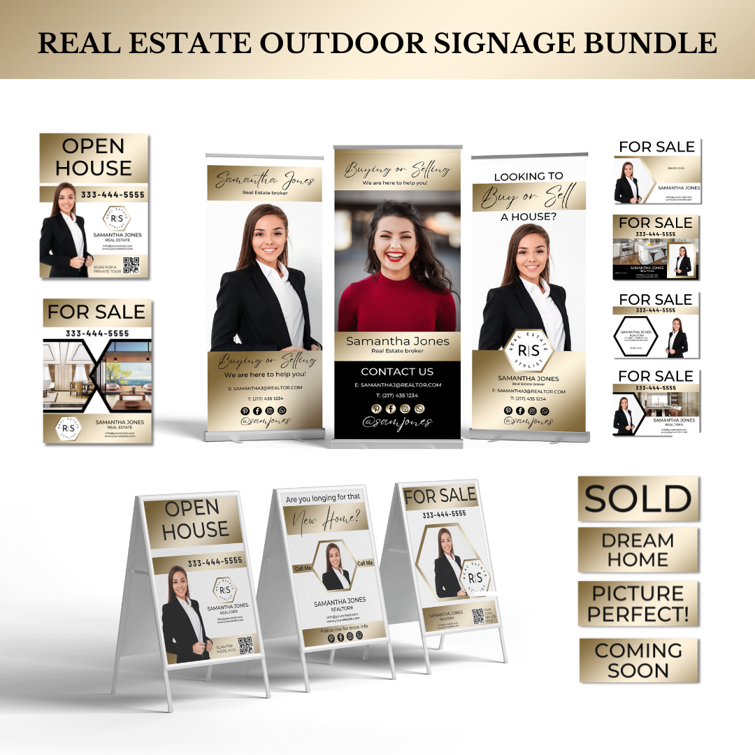 +80 Real Estate Signage Templates - Gold and White - The Hexagon Collection