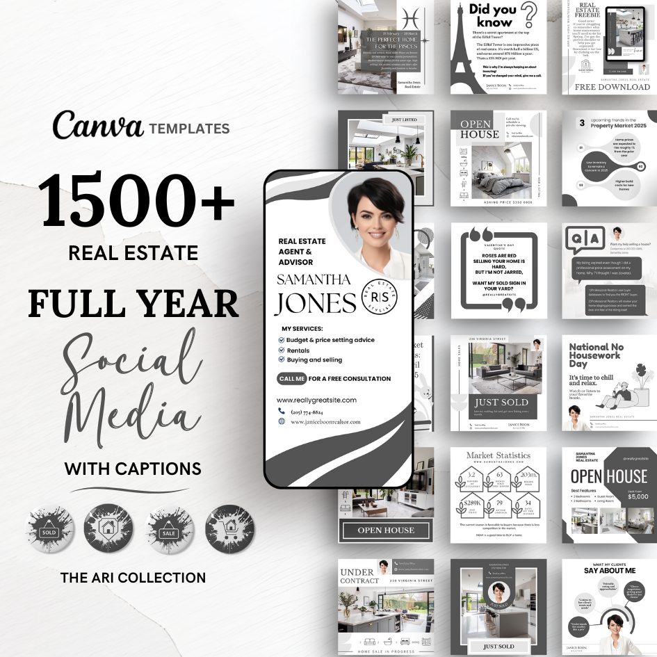 +1500 Social Media templates + Branding - Grey and White - The Ari Collection