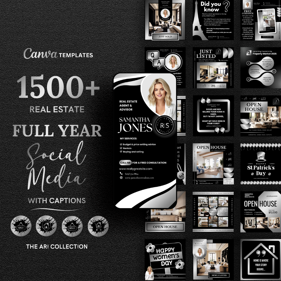 +1500 Social Media templates + Branding - Silver and Black - The Ari Collection