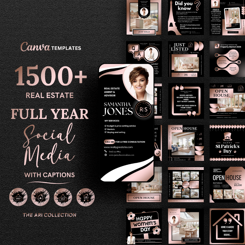 +1500 Social Media templates + Branding - Rose gold and Black - The Ari Collection