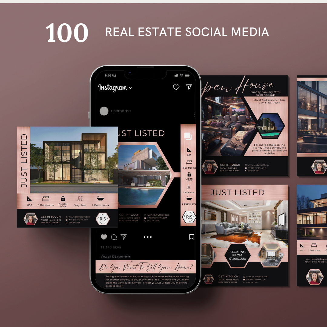 +50 Social Media templates - Rose Gold and Black - The Hexagon Collection