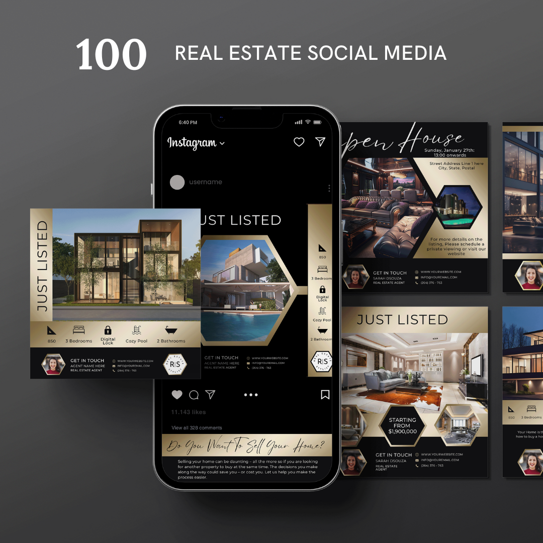 +50 Social Media templates - Gold and Black - The Hexagon Collection