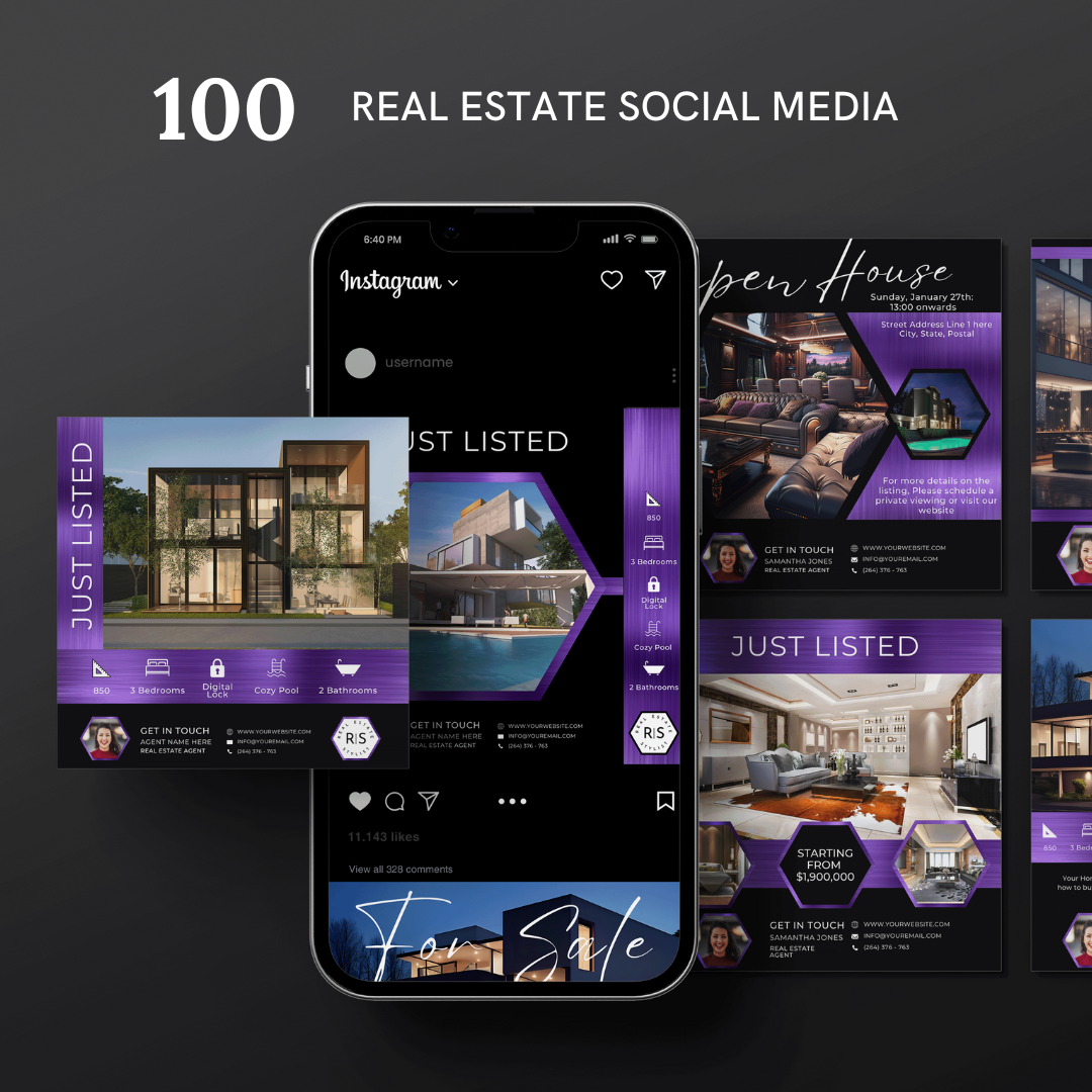 +50 Social Media templates - Metallic Purple and Black - The Hexagon Collection