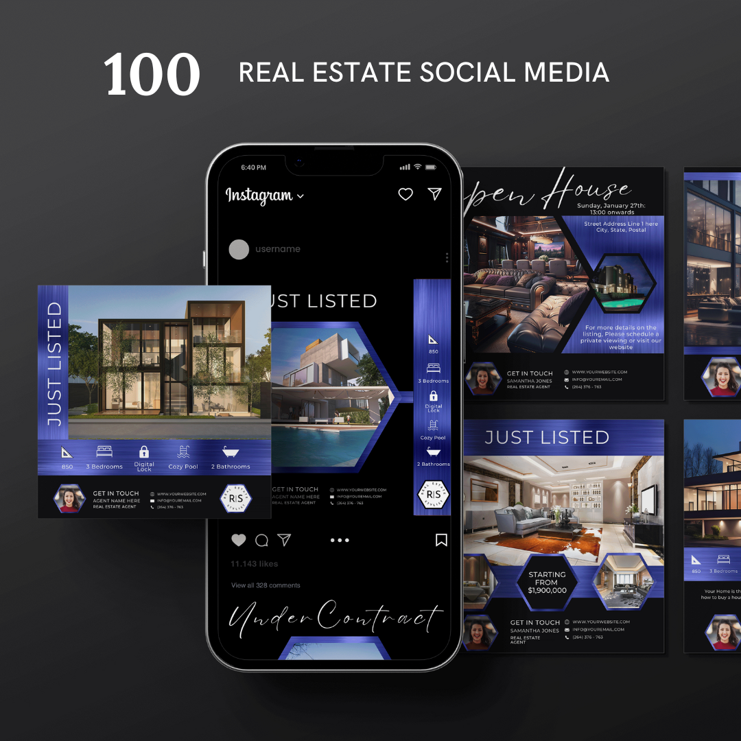 +50 Social Media templates - Metallic Navy Blue and White - The Hexagon Collection