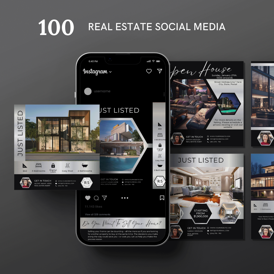 +50 Social Media templates - Silver and Black - The Hexagon Collection