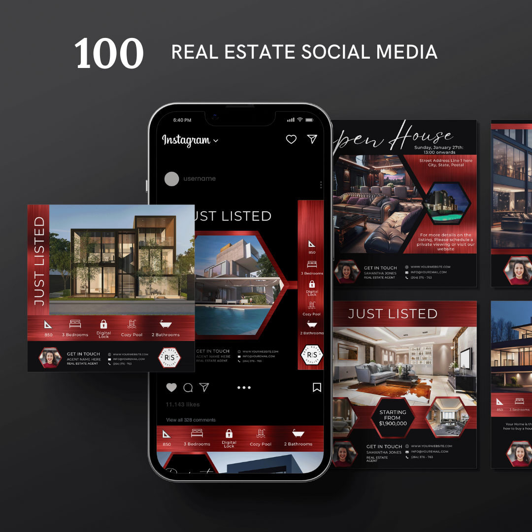 +50 Social Media templates - Metallic Red and black - The Hexagon Collection