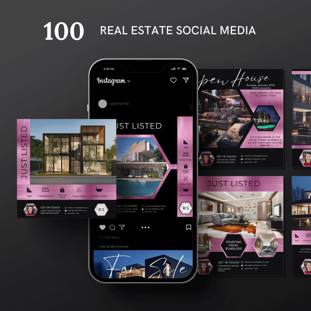 +50 Social Media templates - Metallic Pink and Black - The Hexagon Collection