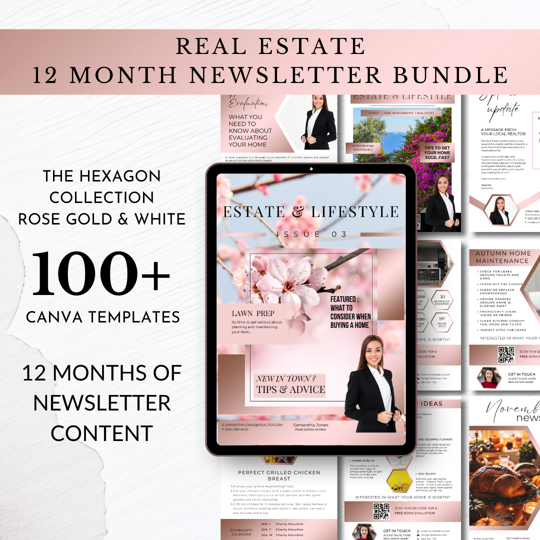 +12 Month Newsletter template - Rose Gold and White - The Hexagon Collection