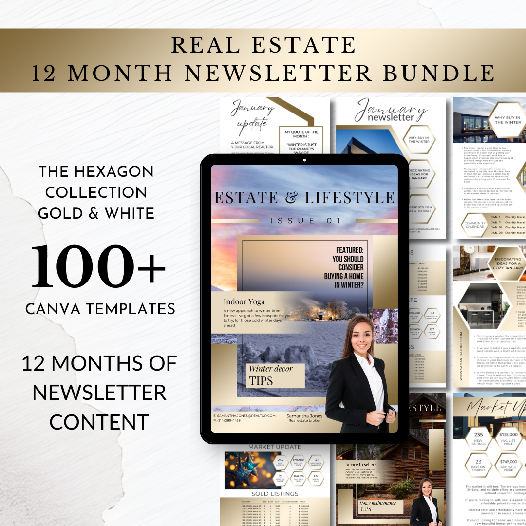 +12 Month Newsletter template - Gold and White - The Hexagon Collection