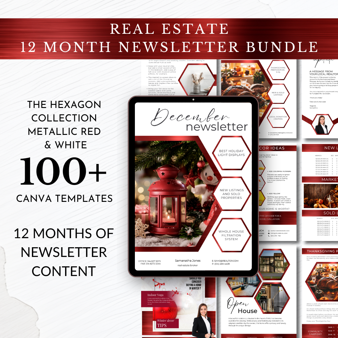 +12 Month Newsletter template - Metallic Red and White - The Hexagon Collection