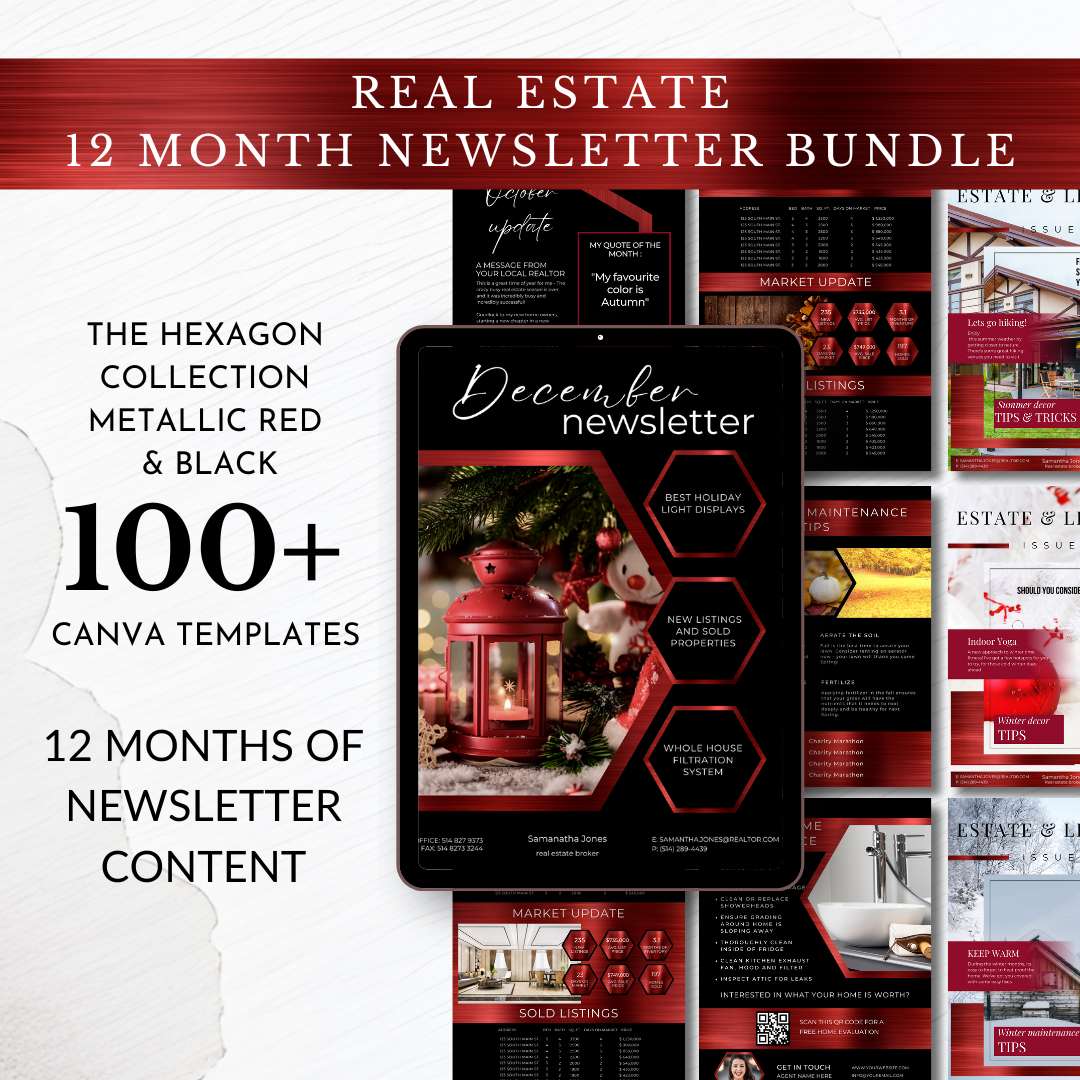 +12 Month Newsletter template - Metallic Red and Black - The Hexagon Collection